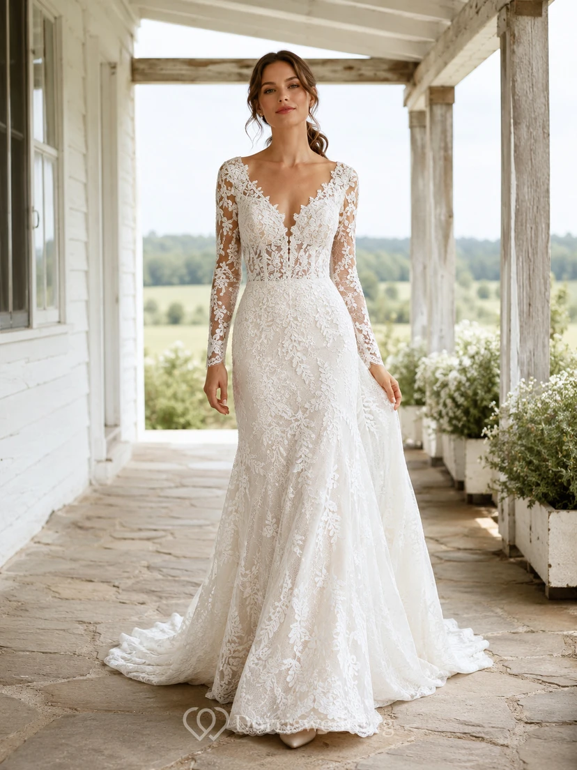 Rustic Plunging V Neck Long Sleeve Lace Mermaid Deep V Back Wedding Dress