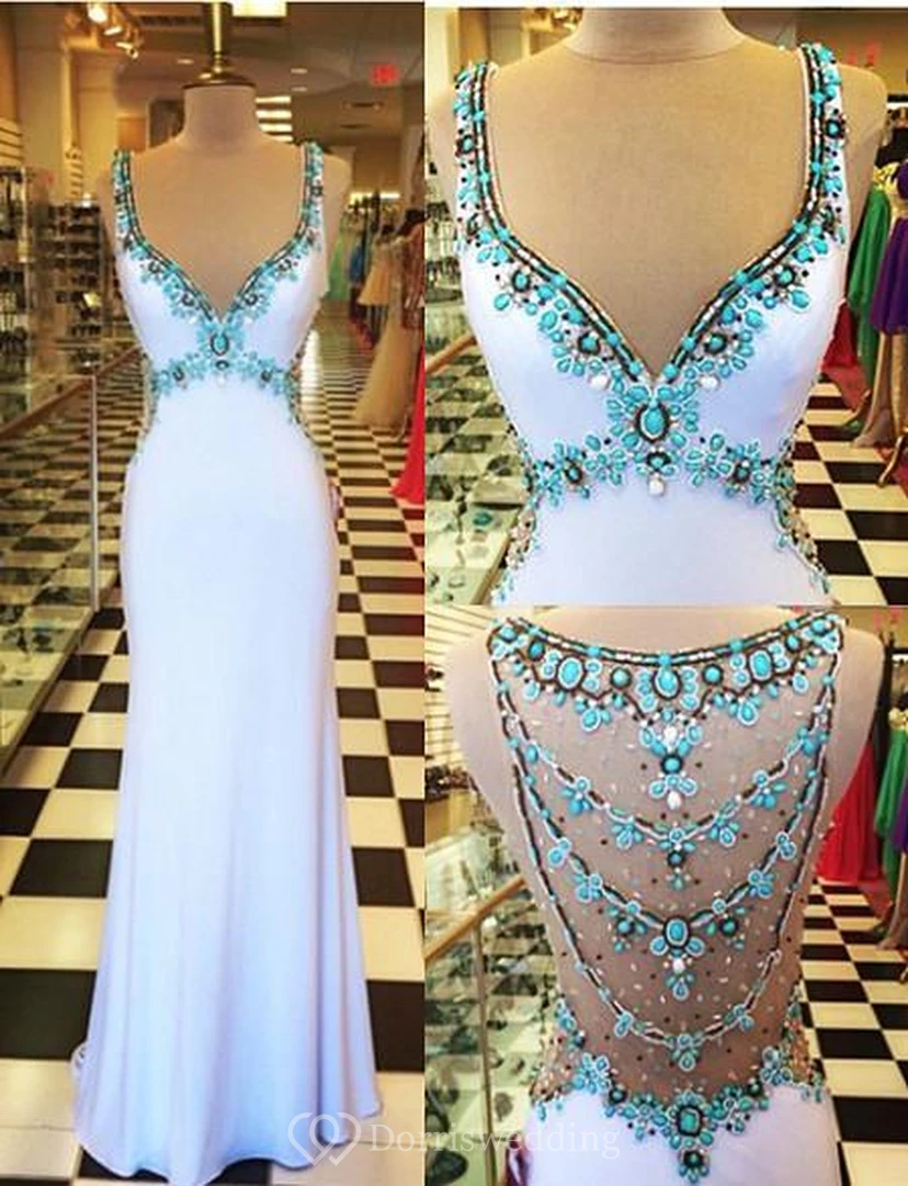Glamorous Beadings Crystal V-Neck Evening Dress Sleeveless Long Party Gowns view 4