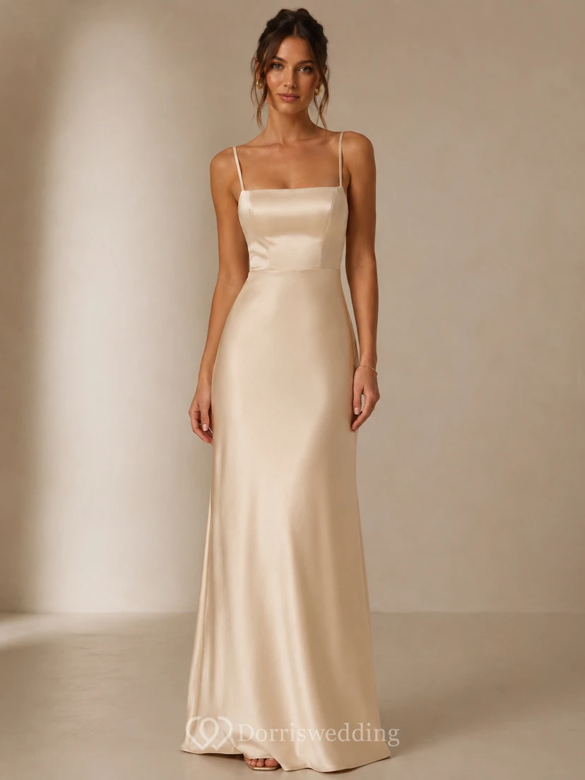 Sheath Square Satin Bridesmaid Dress with Pleats