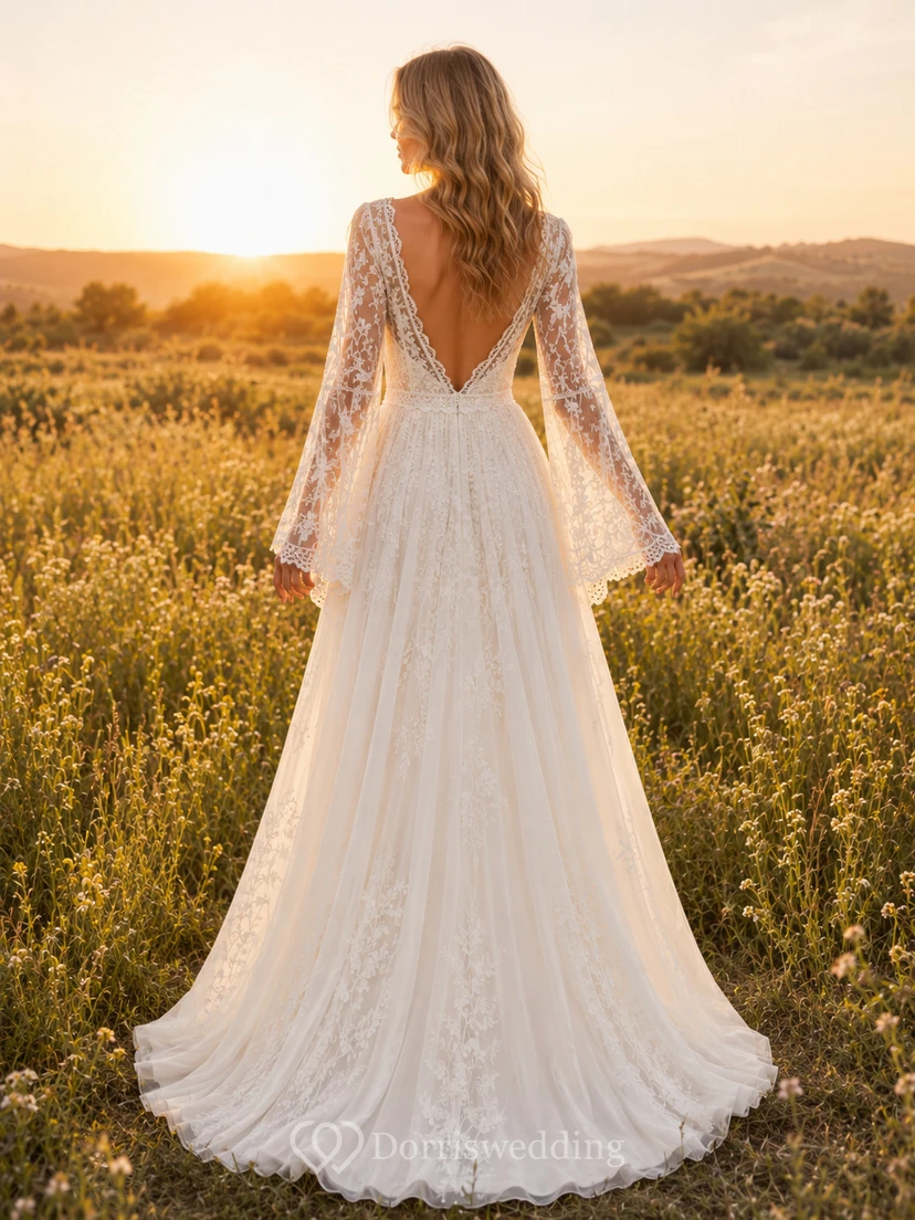 Bohemian Bell Sleeve Lace Prairie Chapel Bridal Gown view 2