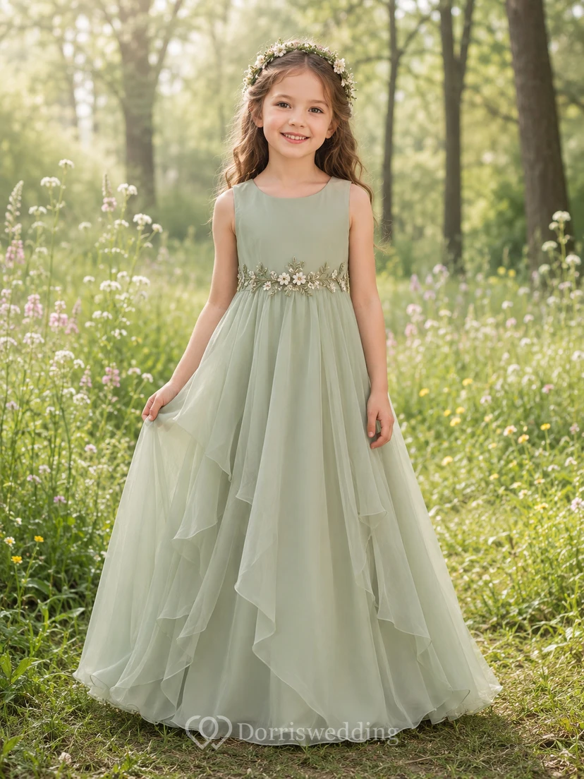 Blumenmädchenkleid aus salbeifarbenem Tüll, A-Linie, Rundhalsausschnitt, bodenlang