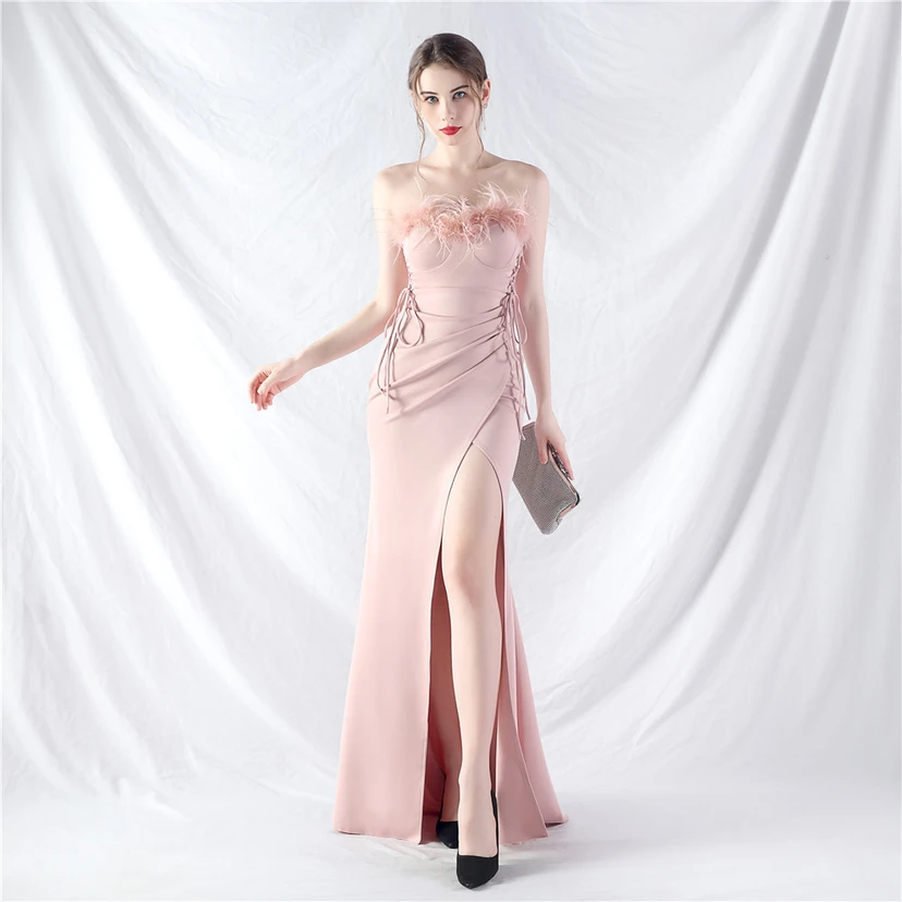 Double-Binding Waist-Shaped Ears Adjustable Satin Evening Dress view 13
