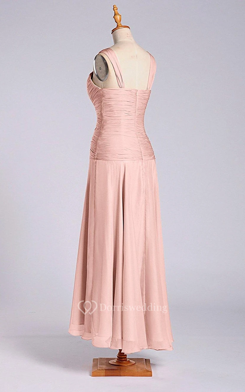 A-line Tea-length Zipper Chiffon Dress with Ruched Bodice view 2