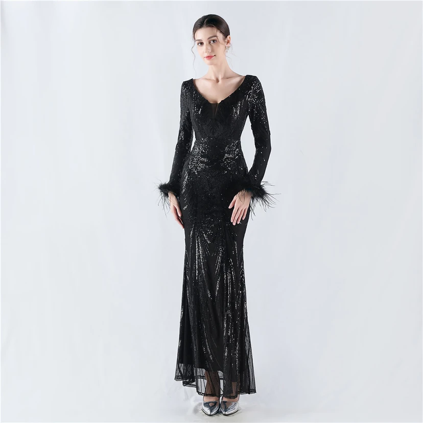 Robe de soirée haut de gamme ornée de perles florales fixes et de poils d'autruche, hôte de la réunion annuelle d'hiver view 28