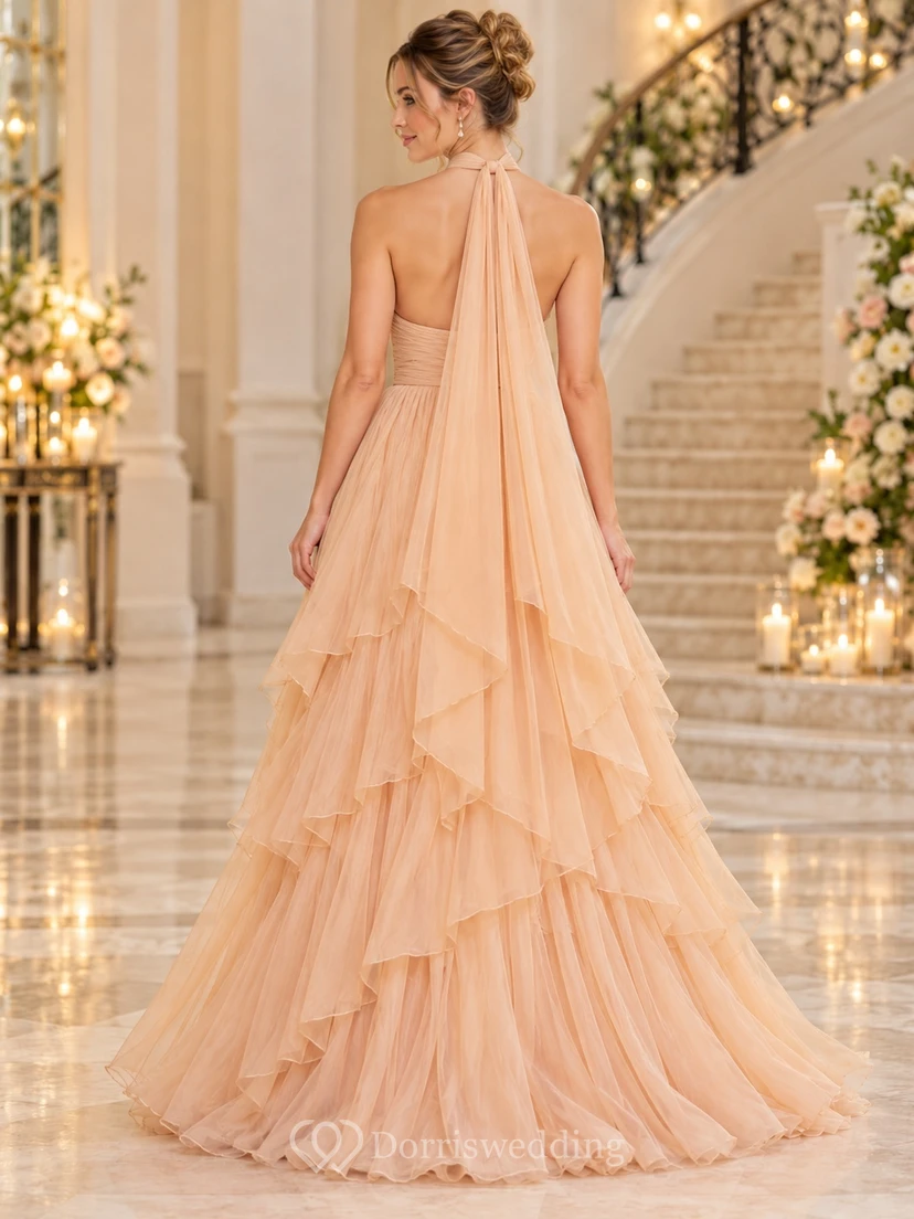 Petal Halter Ruched Waist Cascading Tiered Scarf Back Evening Gown view 2