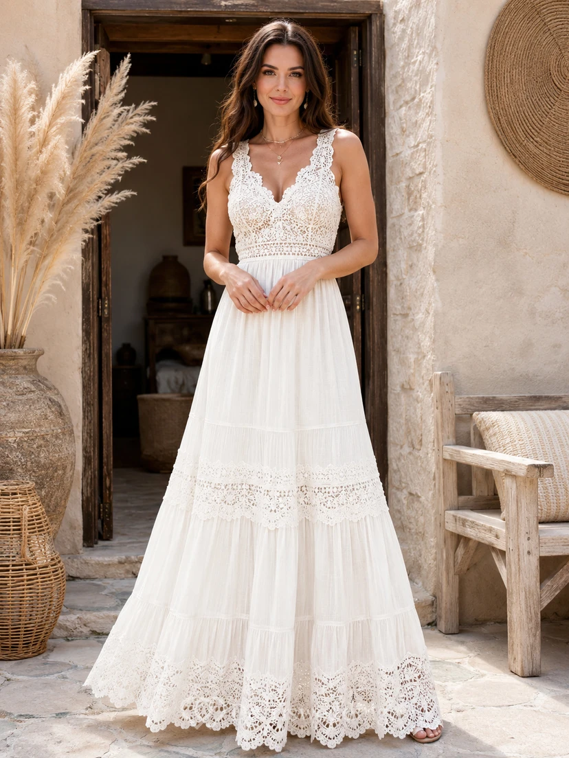 Bohemian White Cotton Lace Ibizaco A-Line Floorly V neck Strap Dress
