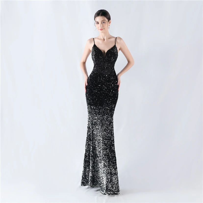 Samtiger, farbverlaufender, perlenbesetzter, sexy Strumpfhalter-Abendkleid view 55