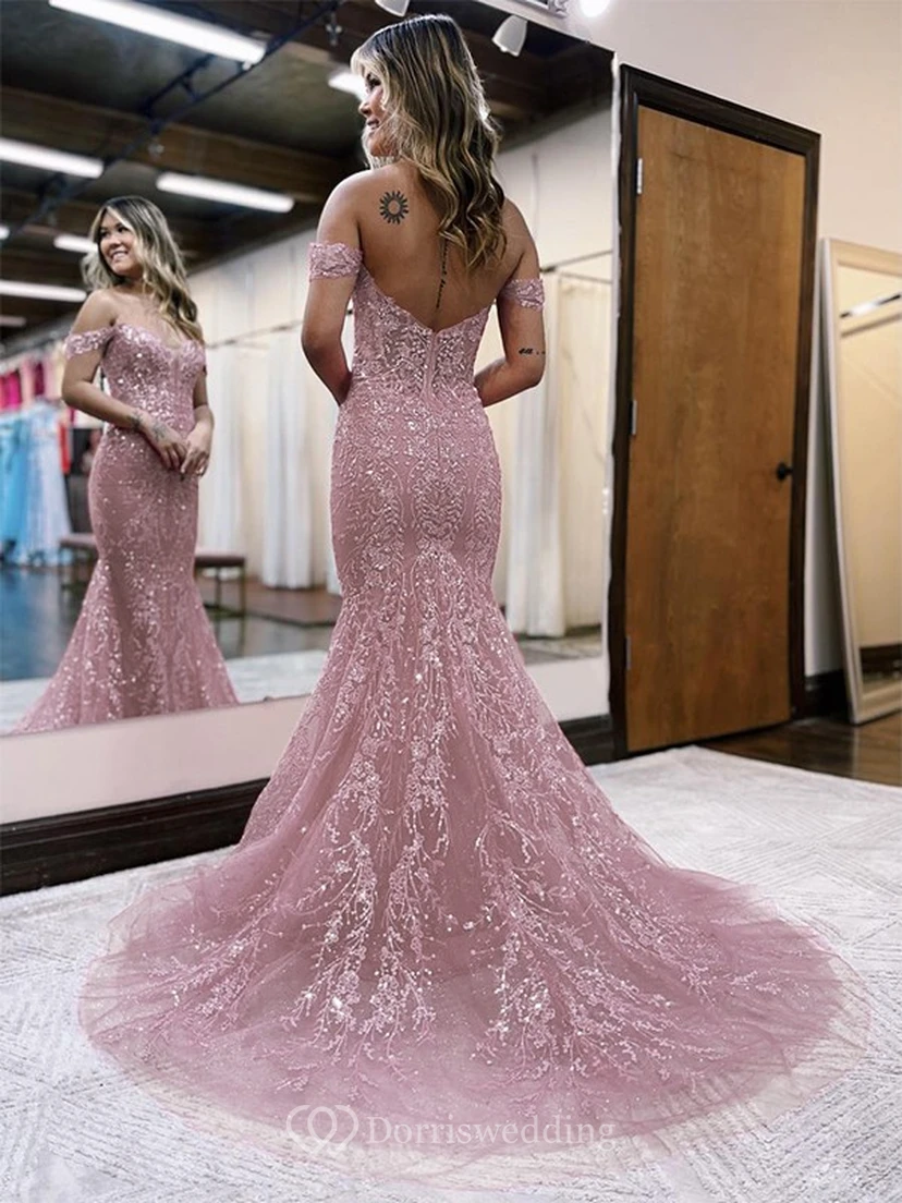 Exquisite Off-the-shoulder Beaded Mermaid Low-v Back Prom Dress view 2