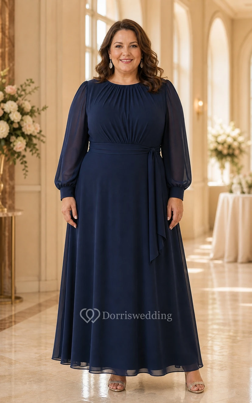 Plus Size Dark Navy Long Sleeve Chiffon A-Line Dress