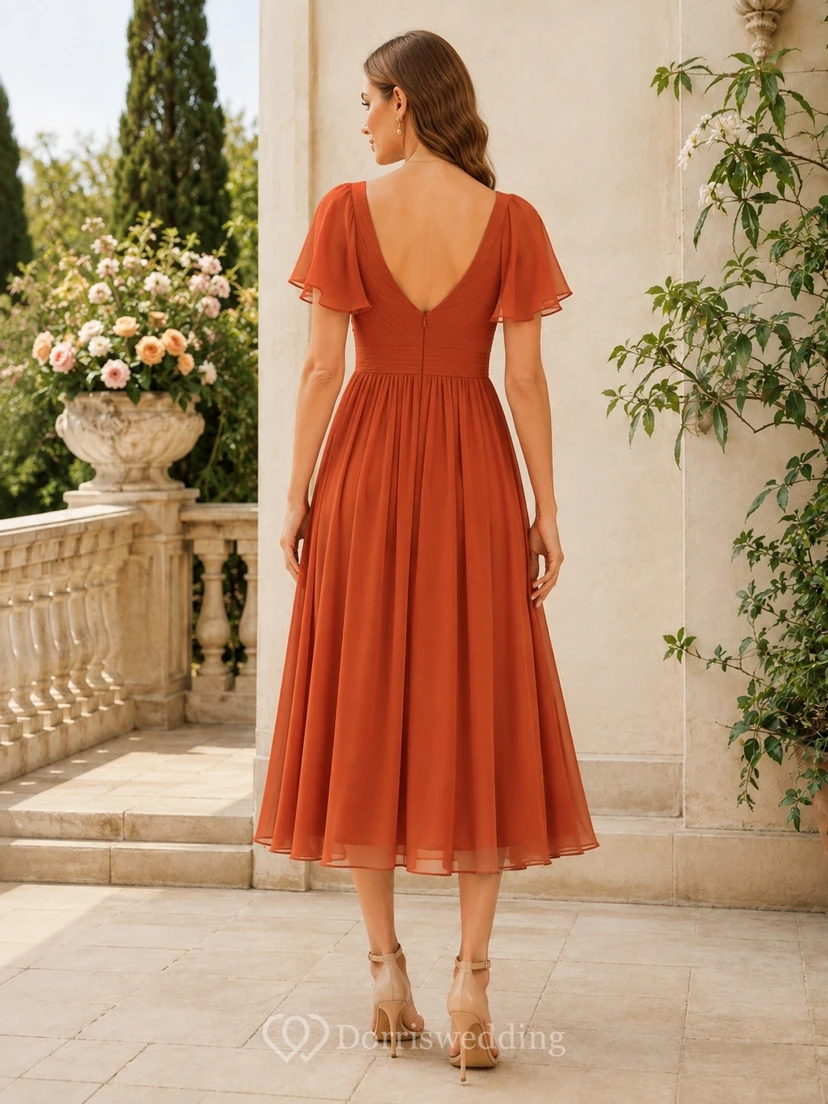 Gebranntes Orange, teelanges A-Linien-Kleid mit herzförmigem Ausschnitt und flatternden Ärmeln, perfekt für Hochzeiten und als Gastkleid. view 2