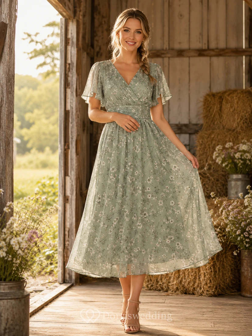 Rustic Barn Sage Lace V-Neck A-Line Tea-Length Short Sleeve Guest Dress