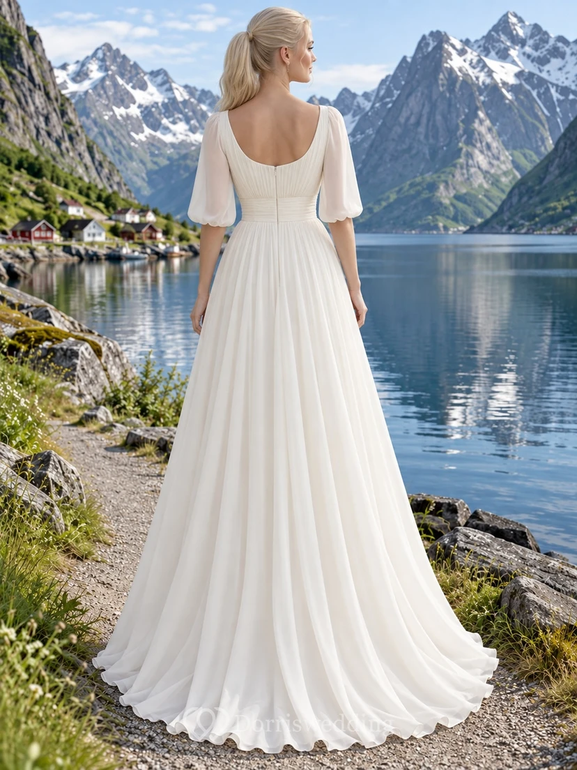 A-Linien-Brautkleid aus Georgette mit U-Boot-Ausschnitt, gerafftem Oberteil und Puffärmeln bis zum Ellbogen view 2