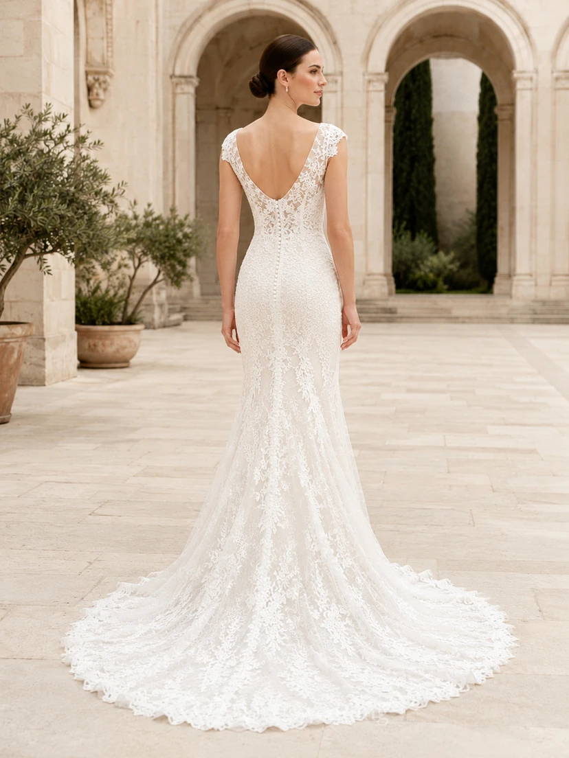 Robe de mariée sirène romantique à manches courtes en dentelle bateau et décolleté plongeant en V view 2