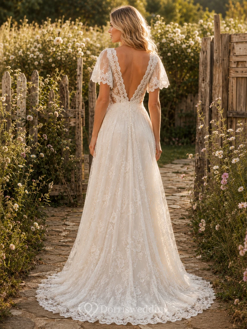 Vintage Boho Cap Sleeve Lace A-Line Garden Wedding Dress view 2