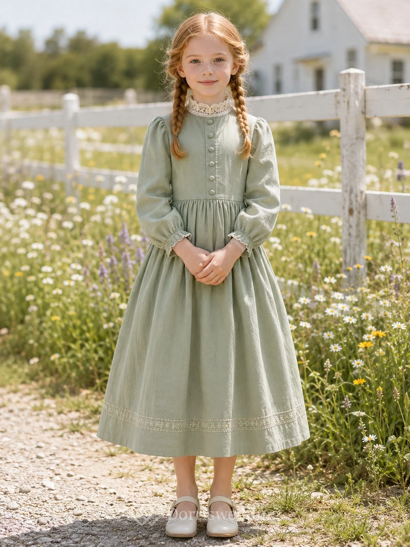 Salbeigrünes Satin-Blumenmädchenkleid in A-Linie, langärmelig, mit Rundhalsausschnitt, teelang, plissiert