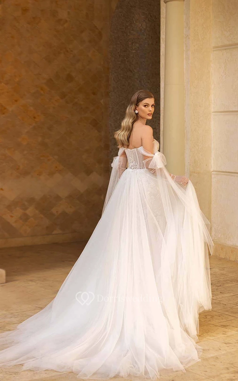 Notched Sweetheart A-line Mermaid Tulle Lace Princess Wedding Dress with Straps and Detachable Skirt view 2