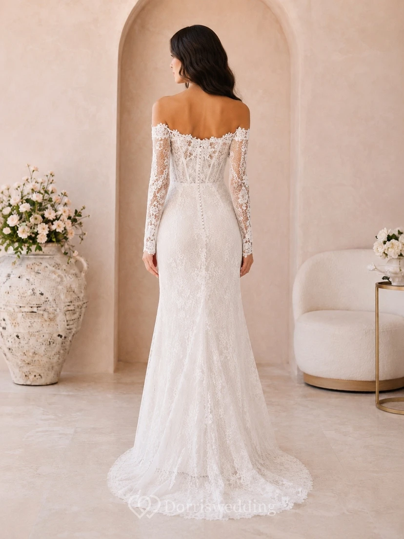 Vestido de novia largo hasta el suelo, estilo sirena, con mangas largas y hombros descubiertos, de encaje. view 2