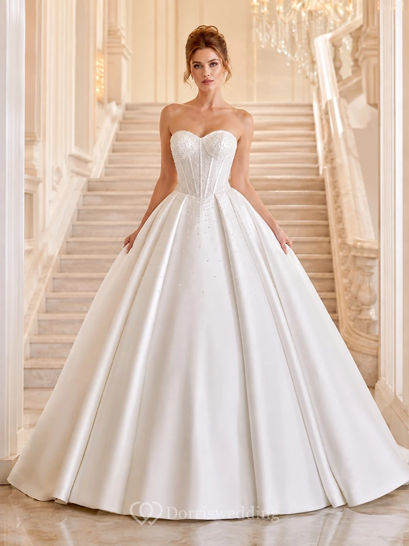 Vestido de gala de satén sin tirantes de lujo para novia formal