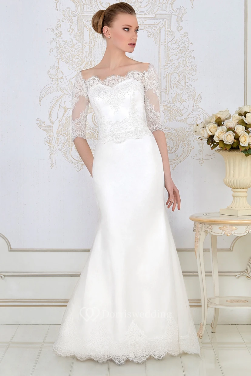 Sheath Floor-Length Appliqued Bateau-Neck Half-Sleeve Lace&Satin Wedding Dress