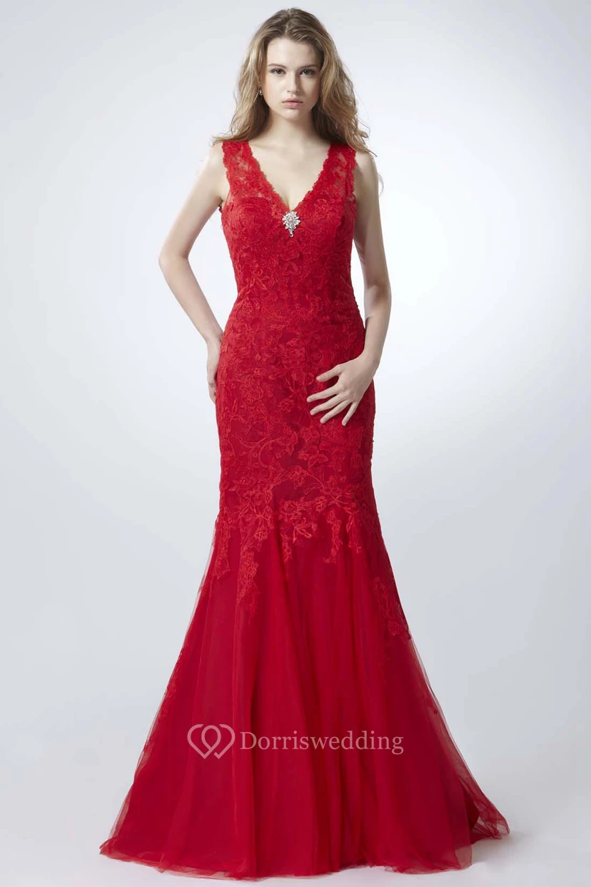 Meerjungfrauen-Abendkleid mit Applikationen, V-Ausschnitt, bodenlang, ärmellos, aus Spitze, tiefem V-Ausschnitt am Rücken und Brosche