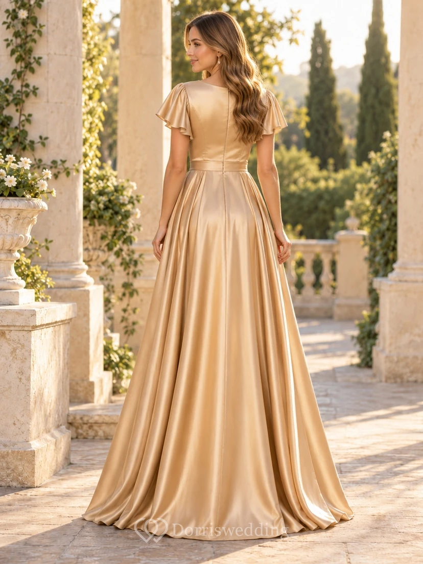 Robe de bal en satin ajustée, col bijou doré, manches papillon, style sobre. view 2