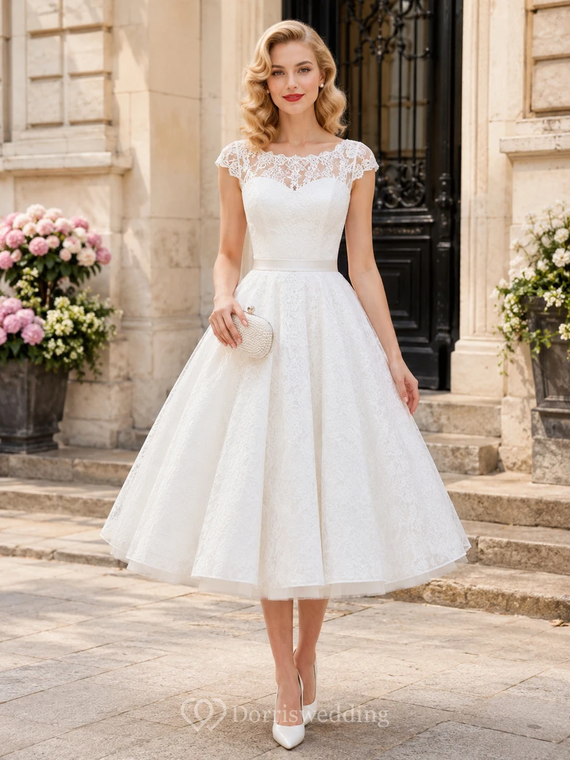 Civil Lace Cap Sleeve Tea-Length A-Line Wedding Dress