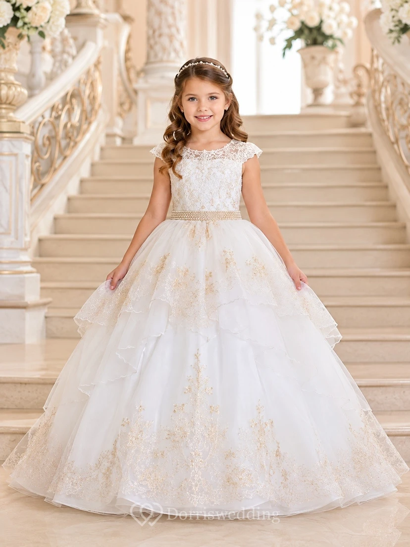 Ivory Romantic Strappy Tulle Short-Sleeve Ball-Gown Flowergirl Dress
