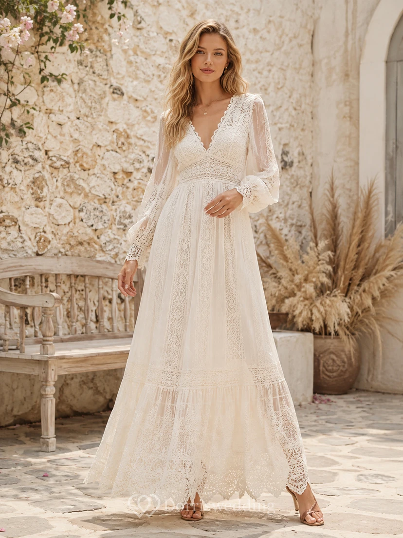 Vestido de novia bohemio vintage con escote en V, mangas largas de estilo poeta, encaje, falda escalonada y corte en A hasta el tobillo