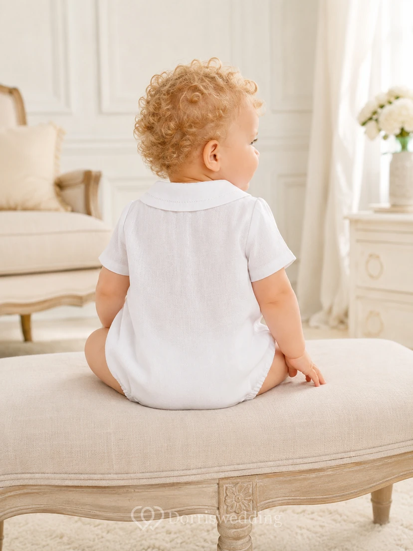 White Peter Collar Pleated Bib Short Sleeve Baptism Bubble for Baby Boy view 2