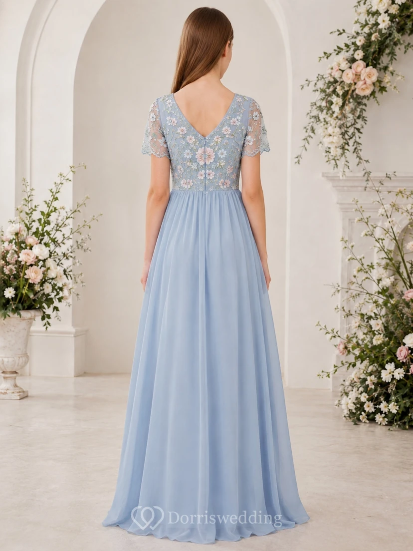 Himmelblaues Brautjungfernkleid für junge Mädchen, A-Linie, V-Ausschnitt, kurze Ärmel, Illusion-Spitze, Chiffon, besticktes Oberteil, romantisch view 2