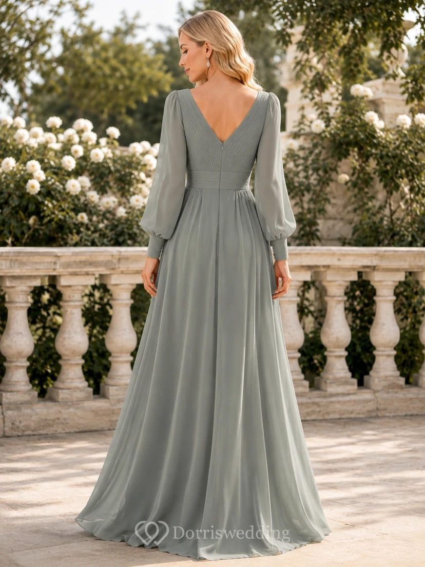 Sage Long Poet Sleeve V-Neck Chiffon A-Line Floor-Length Modest Formal Dress view 2