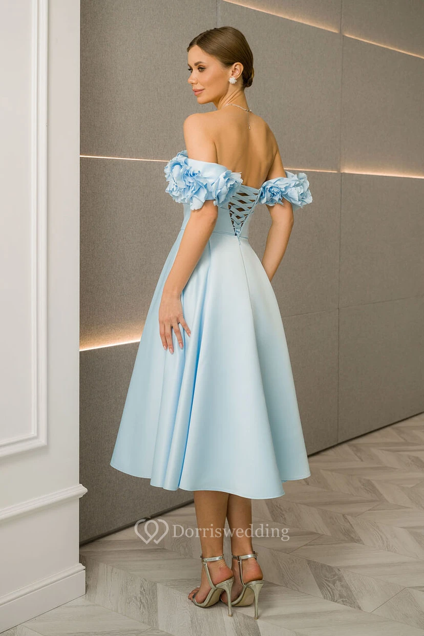Sky Blue Tea-length Elegant Ruffled Off-the-shoulder Dress view 2