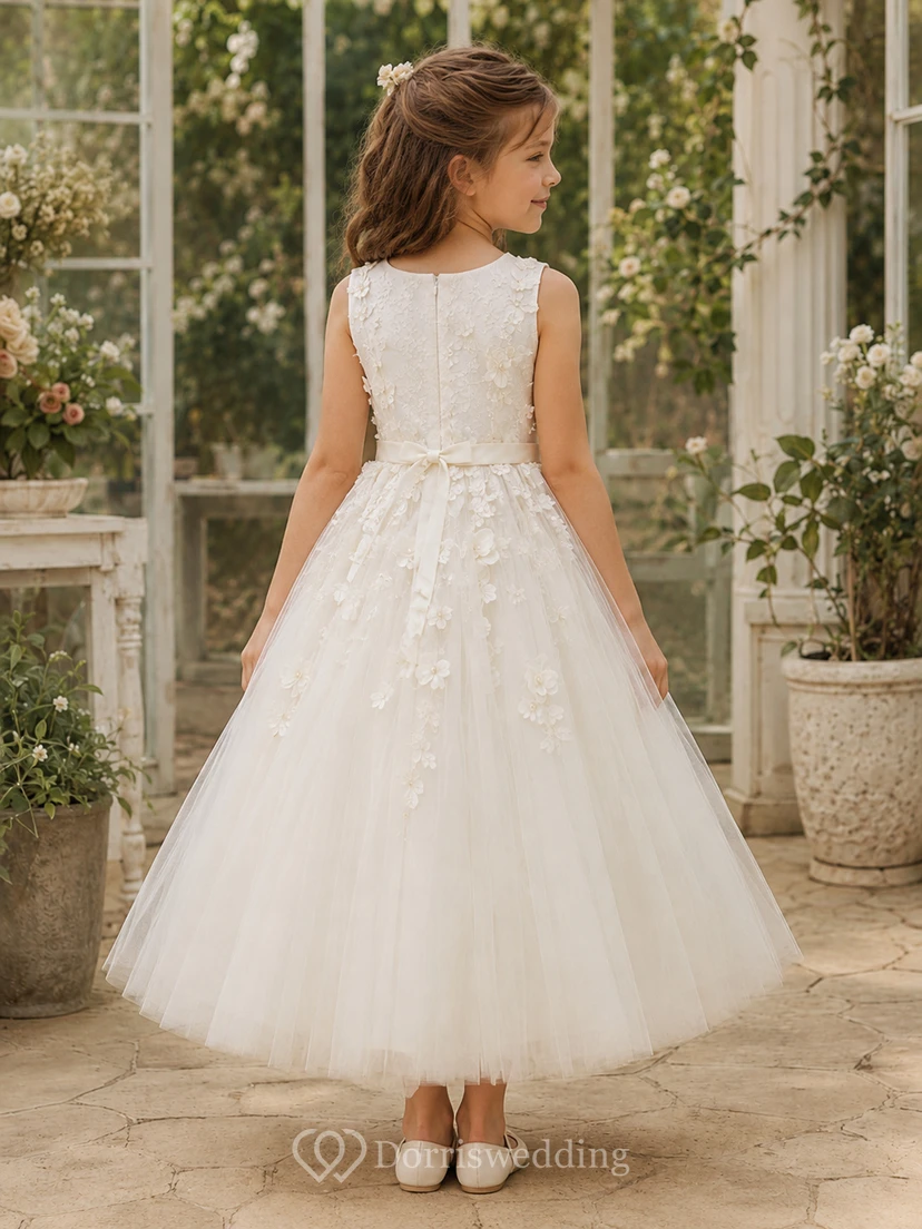 Applique Tulle A-Line Flower Girl Dress with Jewel Neck, Tea-Length Skirt and Floral Applique view 2