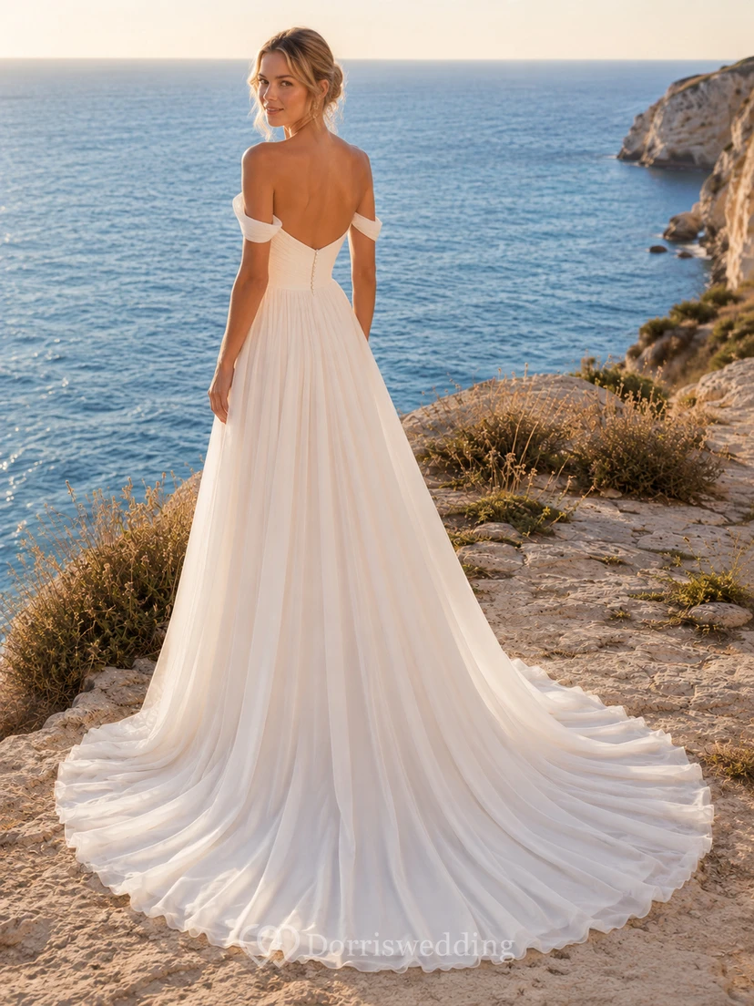 Beach Chiffon Tulle Wedding Dress A-Line Off Shoulder Sweep Train Bridal Gown view 2