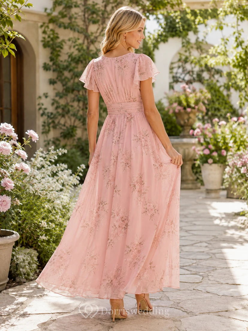 Vestido de fiesta largo hasta los tobillos de gasa rosa con escote en V y mangas con volantes, estampado floral rosa. view 2