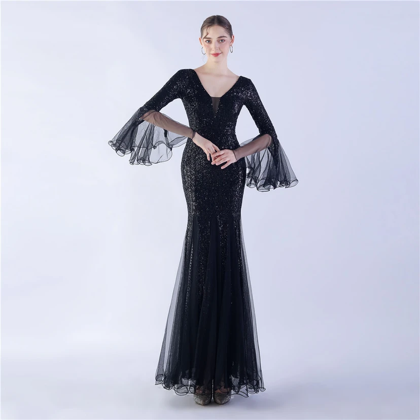 Vestido de noche con lentejuelas, bordado de malla encriptada, estilo artesanal de seda de pez y borde ondulado. view 38