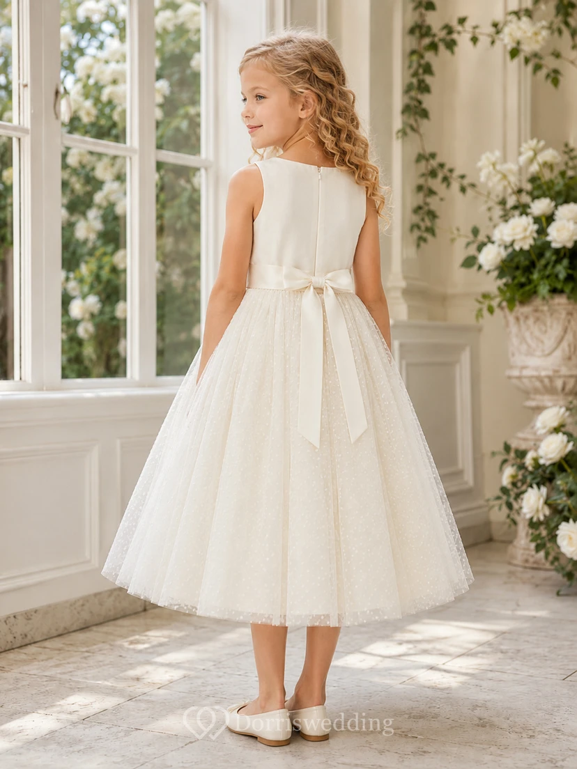 Robe de demoiselle d'honneur élégante et romantique en tulle à pois suisses, col rond, sans manches, à double nœud, longueur thé, coupe trapèze, couleur champagne. view 2