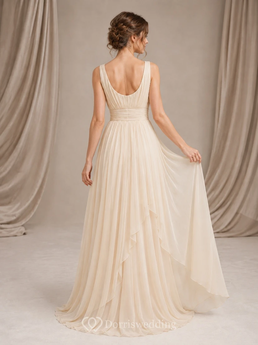 Champagne Square Neck Pleated Chiffon Gown Classic Occasion view 2