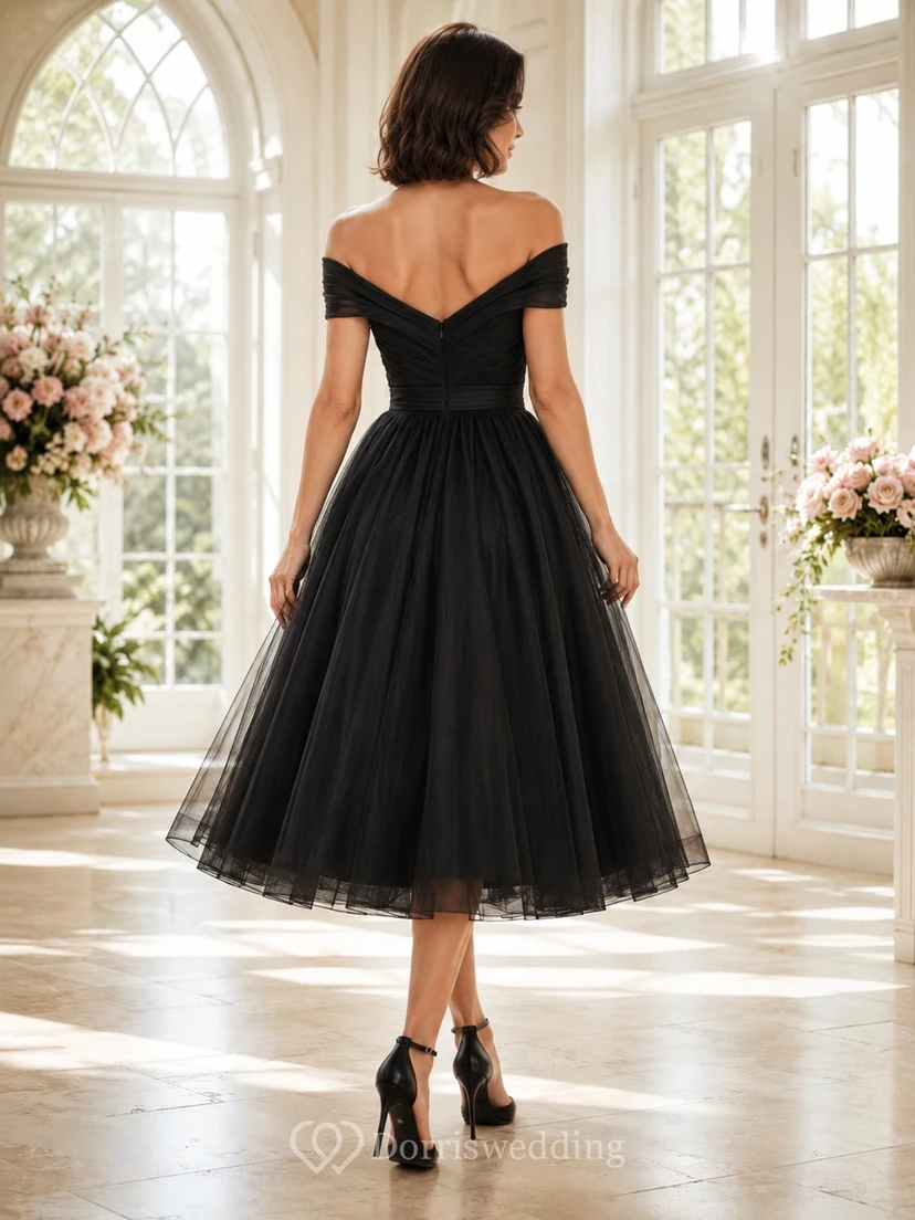 Black Off-Shoulder Tulle A-Line Tea-Length Vintage Romantic Cocktail Dress view 2