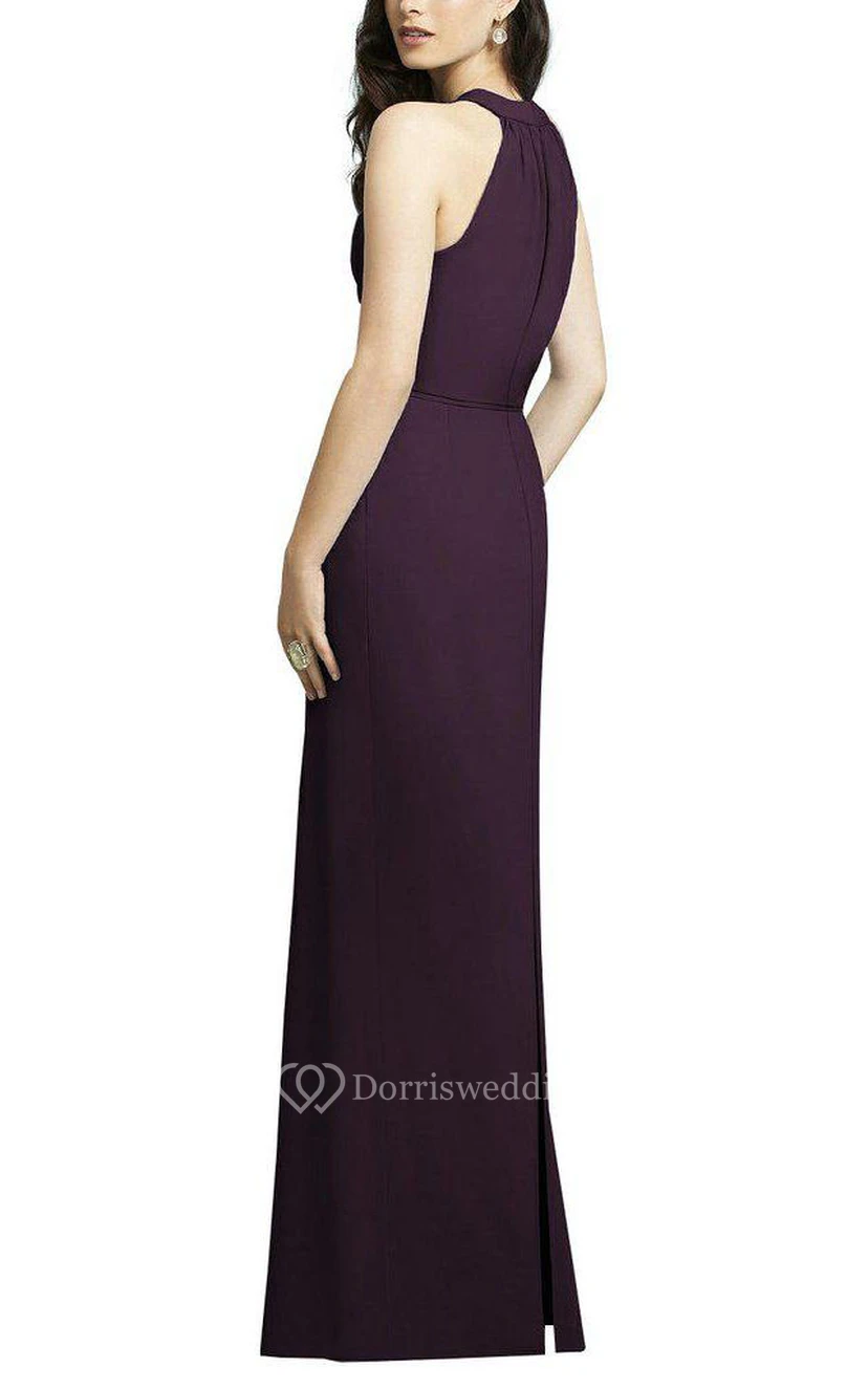 Sheath Floor-length Bridesmaid Dress with Beaded Belt view 2
