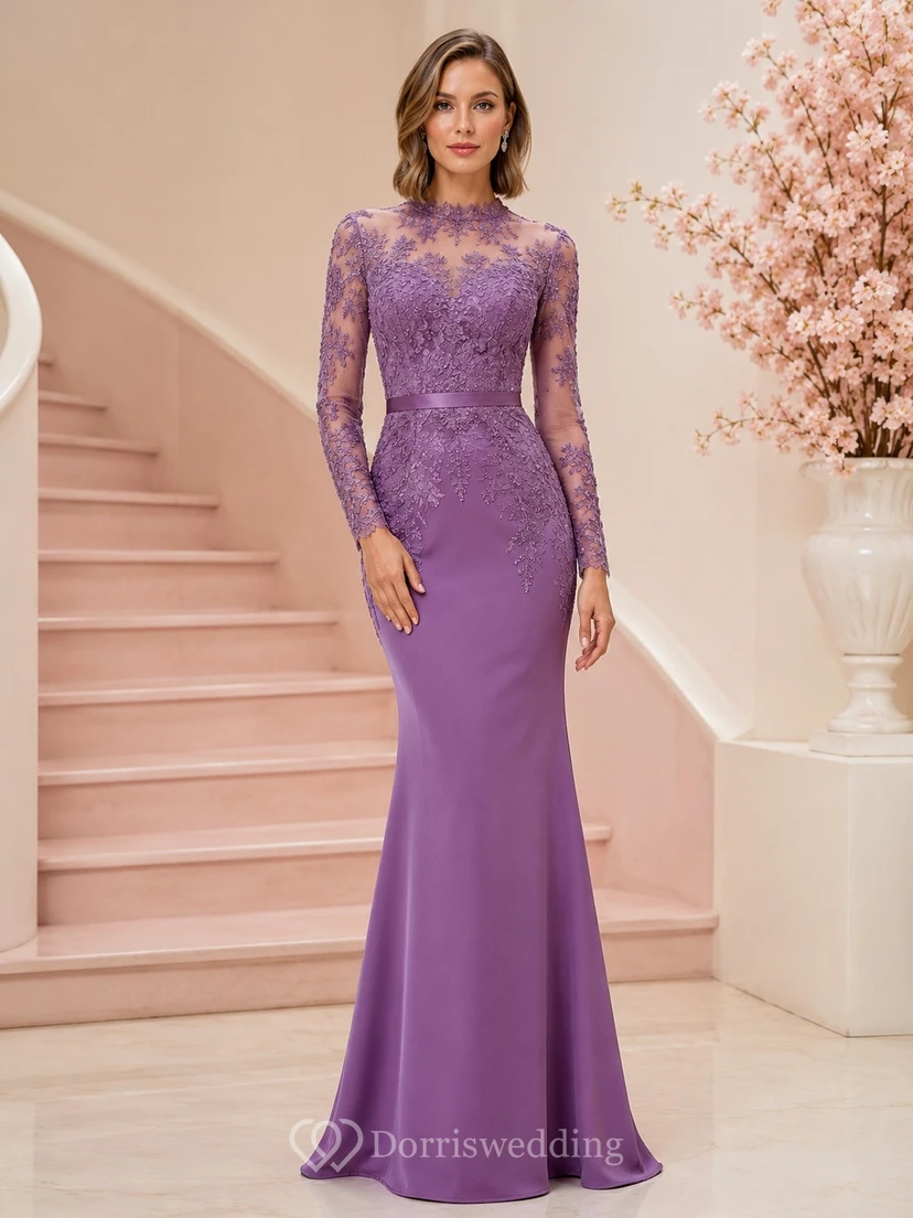 Wisteria Lace Bateau Neck Long Sleeve Mermaid Prom Formal Gown