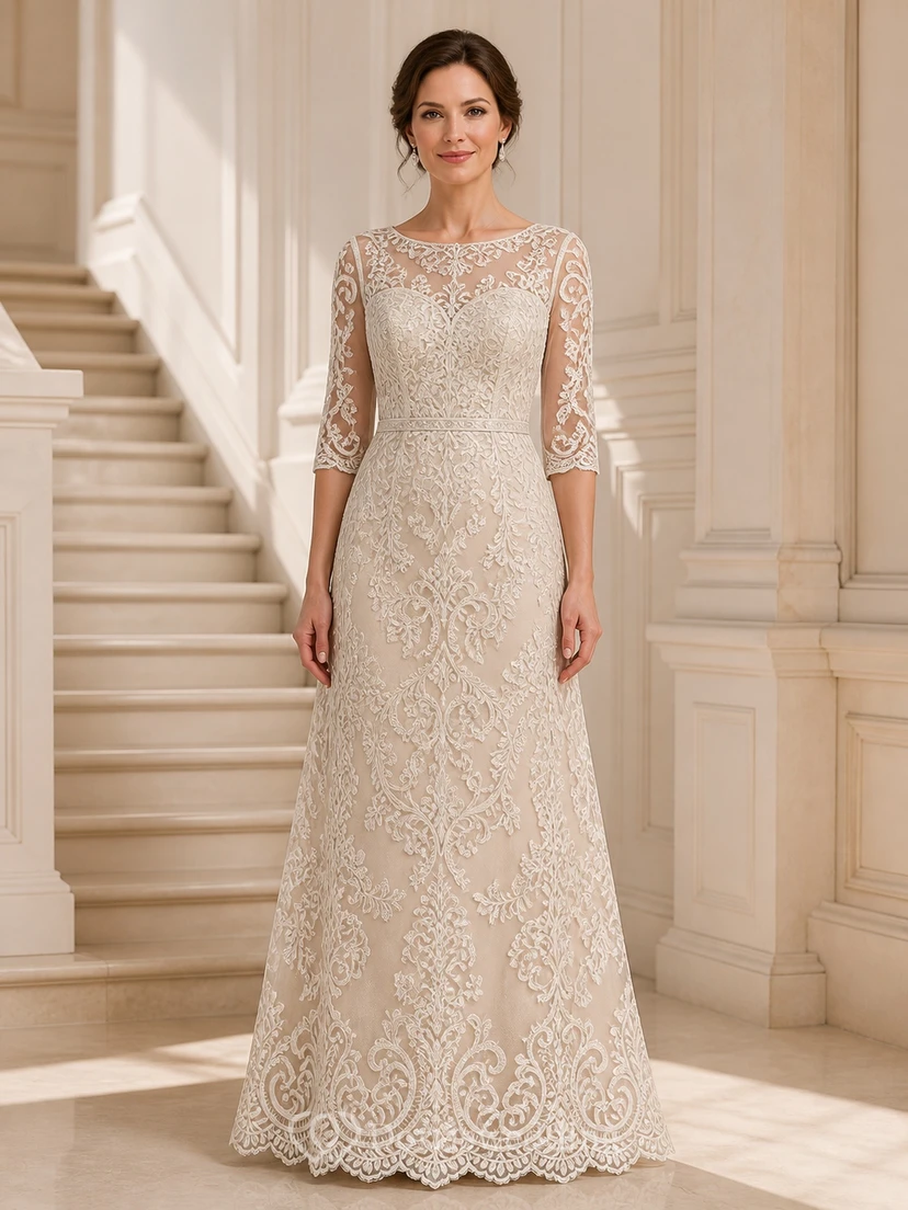 Robe de mariée modeste et élégante en dentelle, coupe trapèze, longueur au sol, manches trois-quarts, à encolure bateau, idéale pour les mariées plus âgées.
