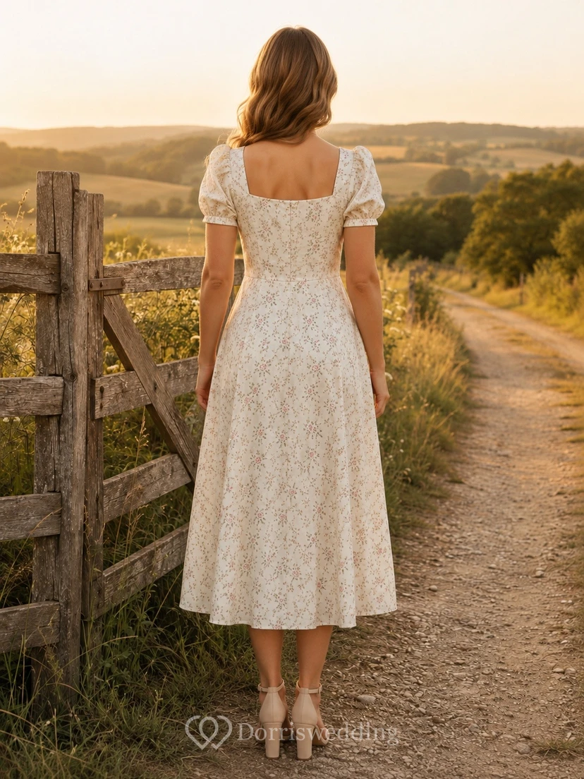 Vestido blanco de encaje floral con cuello cuadrado y manga corta hasta la rodilla view 2