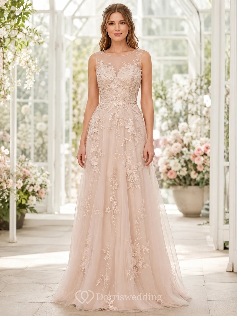 Petal Pink Sleeveless V-Neck Floor-Length Lace A-Line Bridesmaid Dress