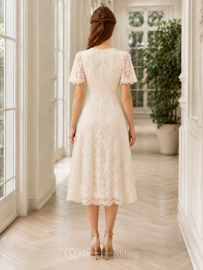 Cream Lace V Neck Short Sleeve A Line Tea Dress view 2