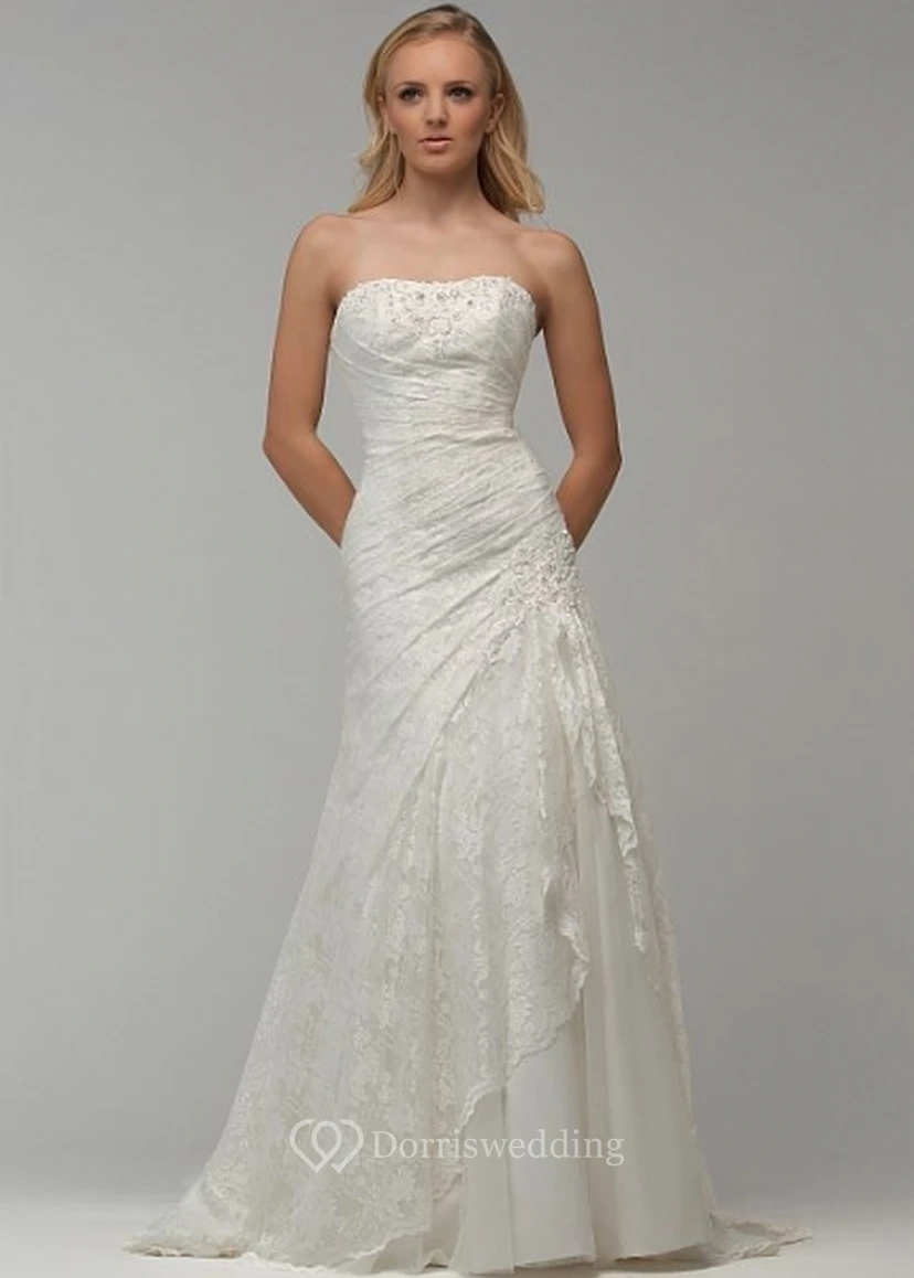 A-Line Appliqued Sleeveless Strapless Maxi Lace Wedding Dress With Side Draping And Beading