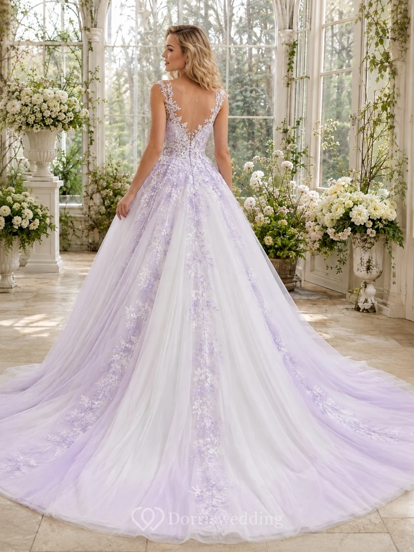Lavendelfarbenes, geblümtes A-Linien-Brautkleid aus Tüll mit V-Ausschnitt, ärmellos und Kathedralenschleppe view 2