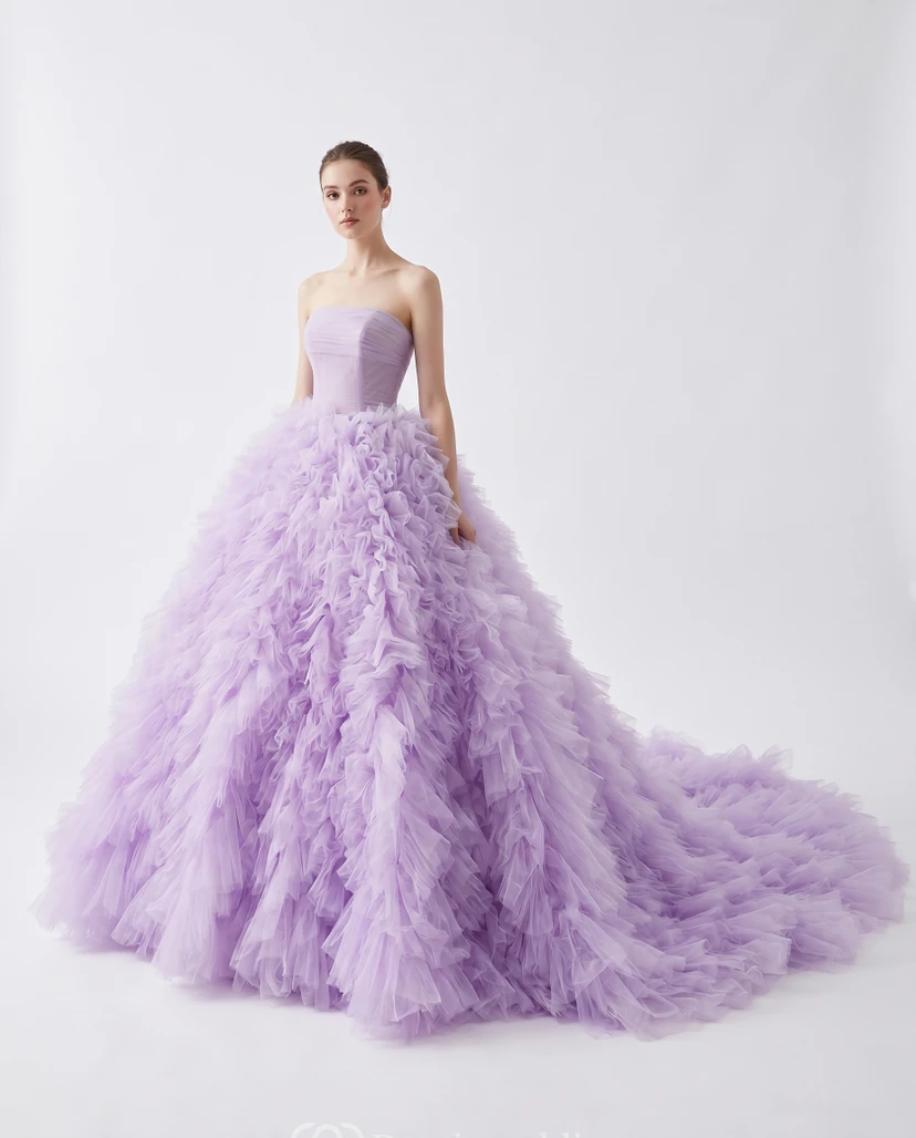 Lilac Ruffle Tulle Ball Gown Quinceanera Strapless Prom Dress with Dramatic Train