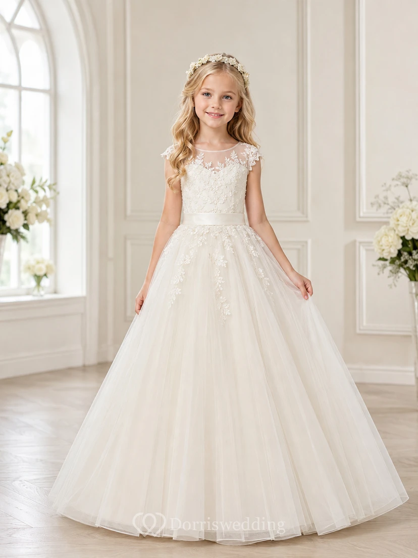 Floral Lace Cap Sleeve Tulle Ball Gown Floor-Length Bow Wedding Flower Girl Dress