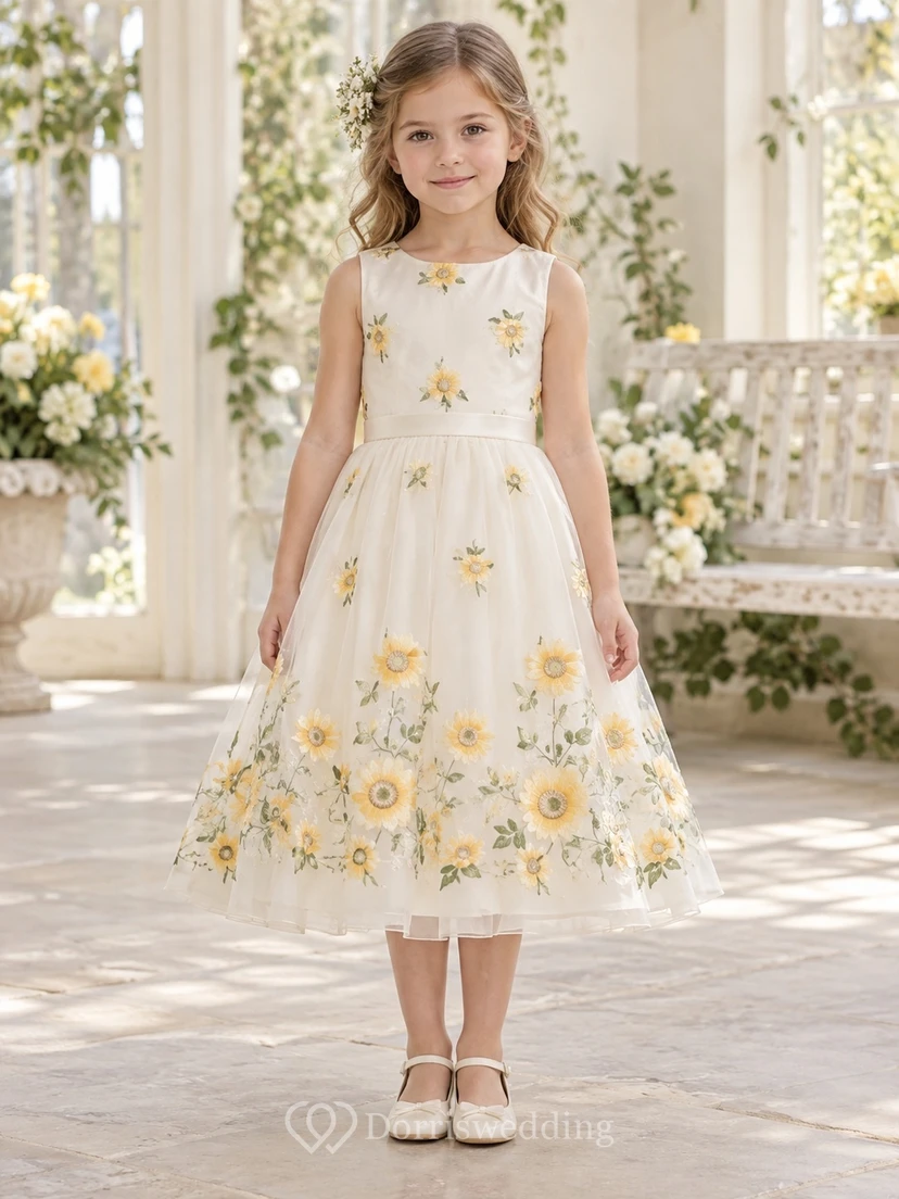 Tea-length Ivory Sleeveless Sunflower Floral Border Organza A-line Flower Girl Dress
